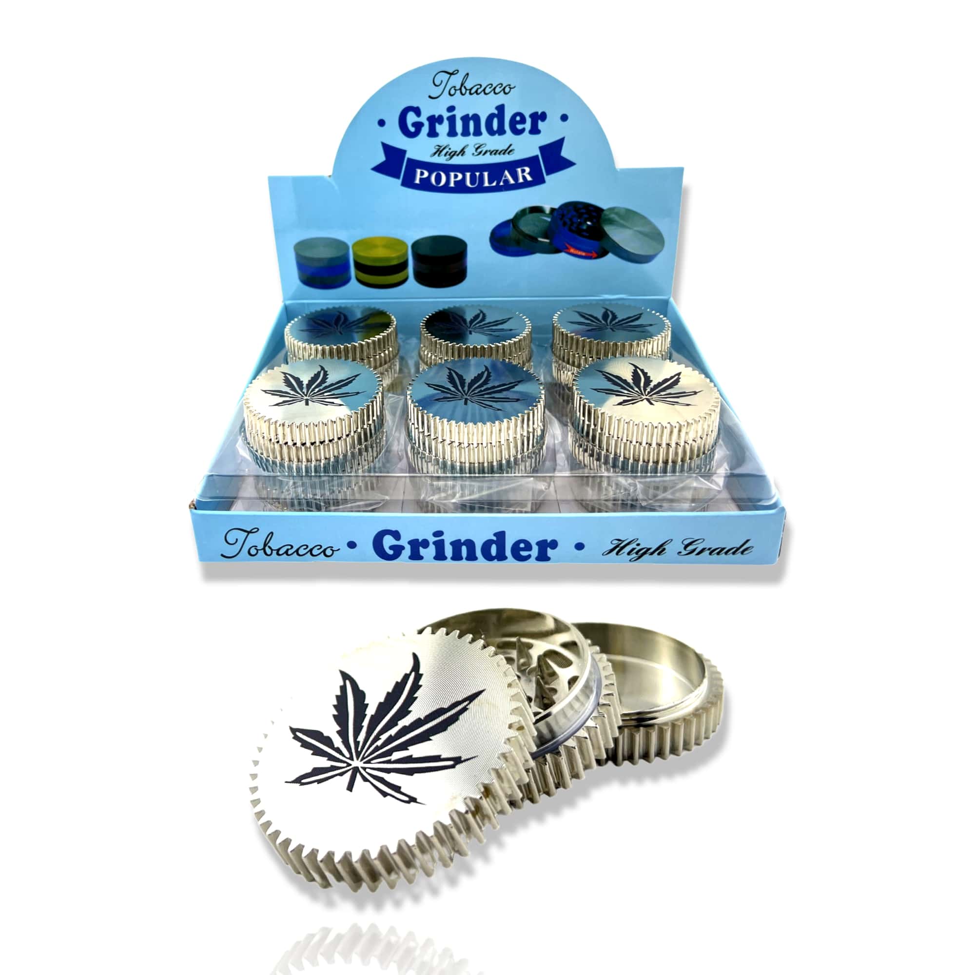 Sprocket SILVER Herb Grinder 3P 50MM - Black Leaf Design (12x)