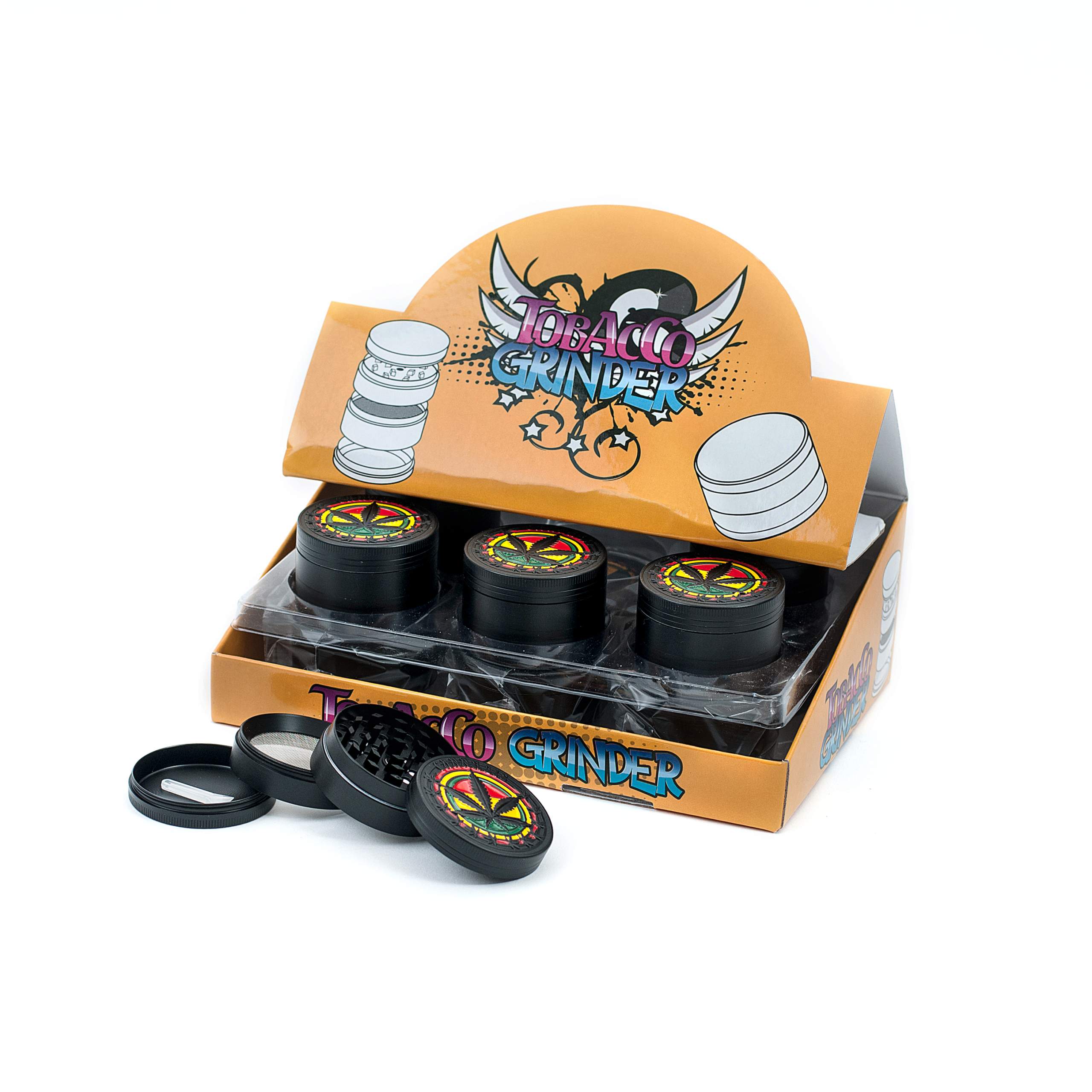 METAL 4 parts GRINDER Ø 52 mm - RASTA LEAF Black x12 pcs - Image 2